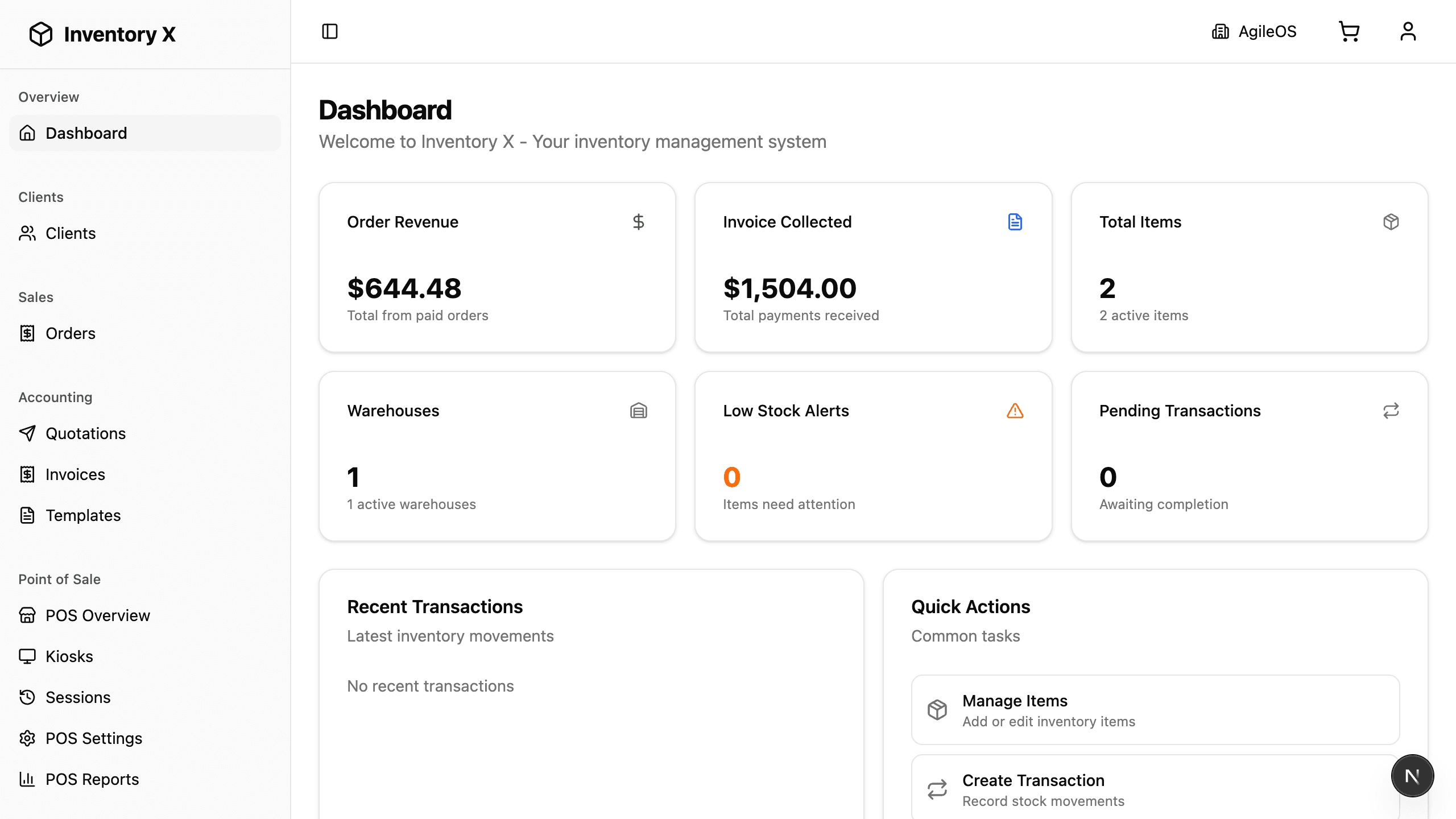 AgileOS inventory management dashboard showing real-time stock levels and analytics
